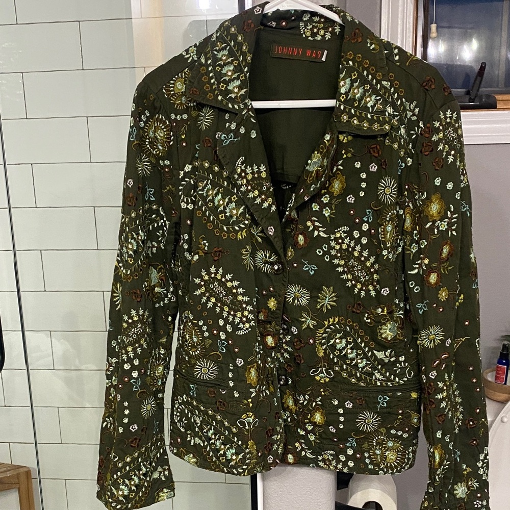 Johnny Was Olive Floral Embroidered Jacket